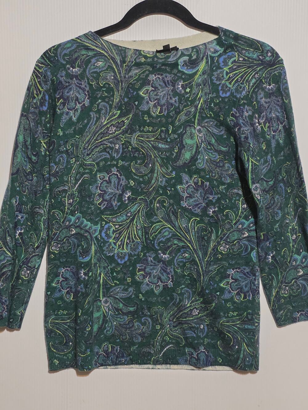 Talbots S Green Paisley 100% Cashmere Sweater 3/4 Sleeve Luxury Soft Preppy